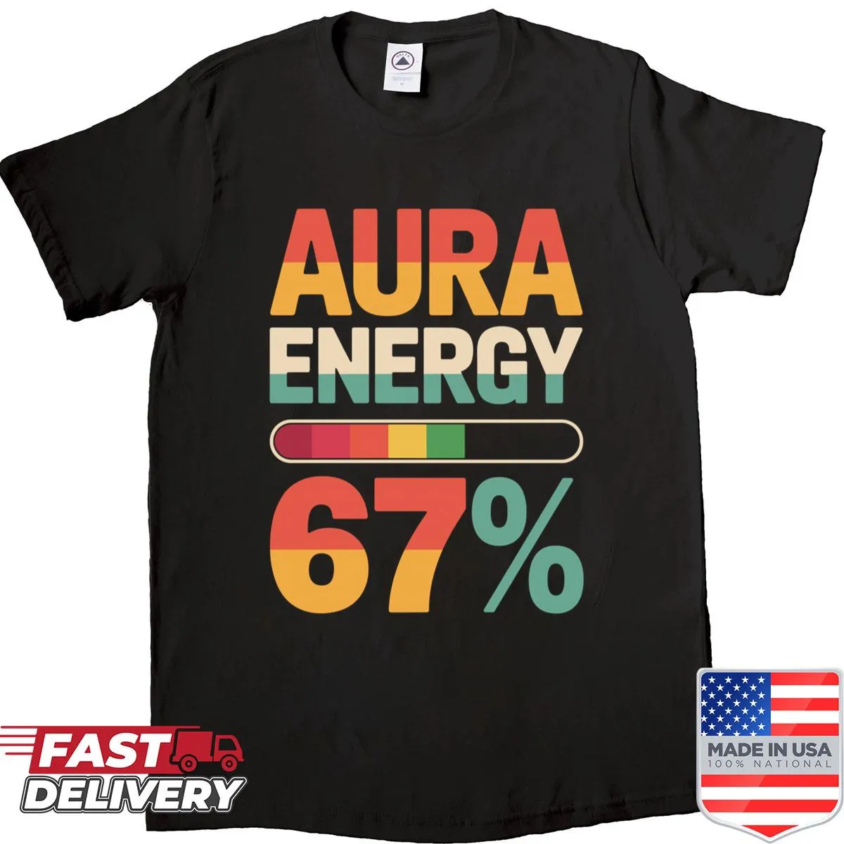 Retro graphic tee featuring 'Aura Energy 67' phrase and humor.