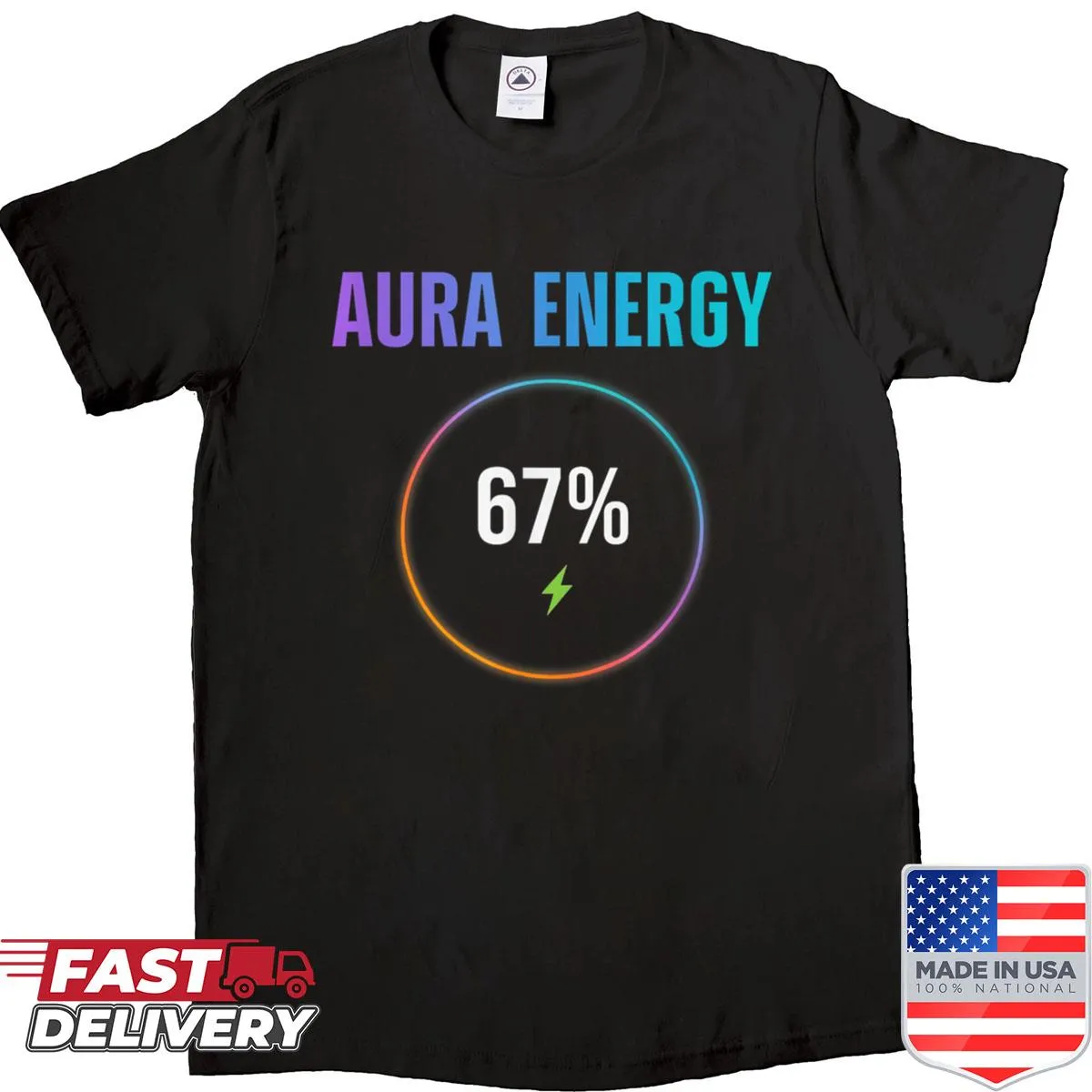 Shirt featuring meme-inspired text 'Aura Energy At 67'