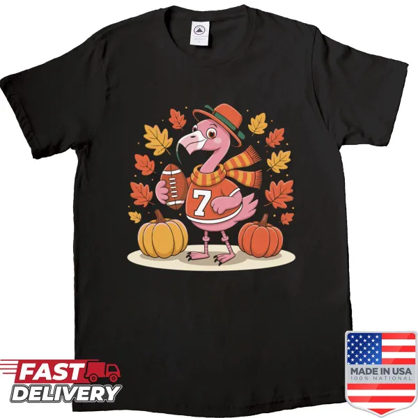 Illustrative shirt with flamingo, football, and pumpkins for autumn