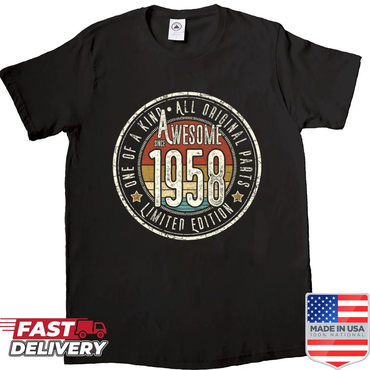 Vintage t-shirt celebrating being awesome since 1958 for a 67th birthday.