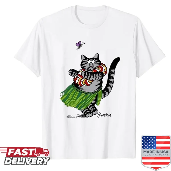 Shirt featuring a playful illustration of a dancing Kliban cat