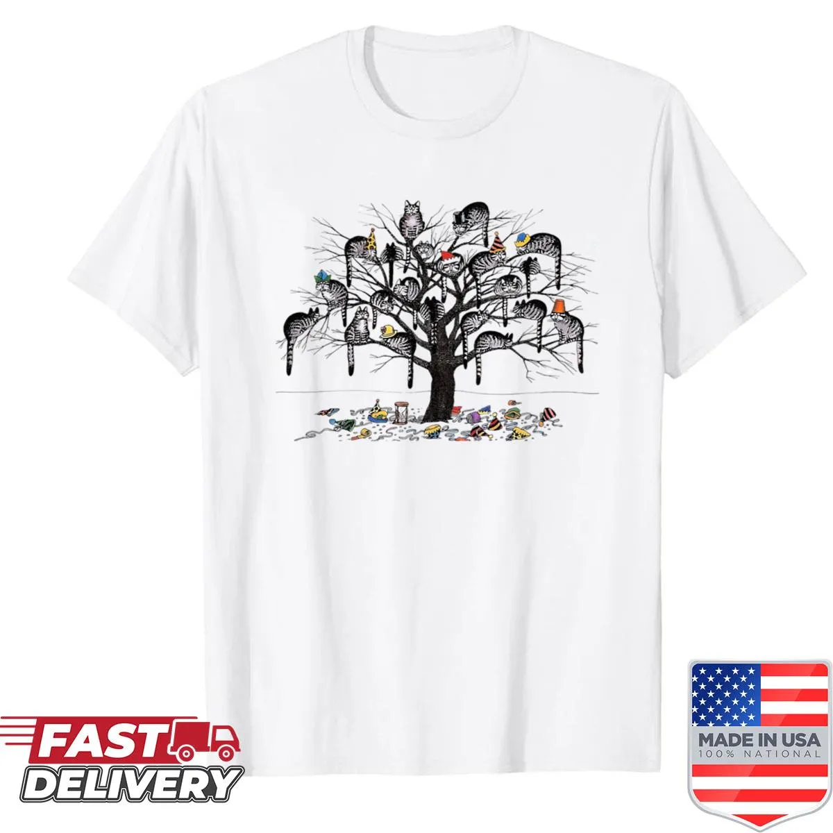 Cartoon cat tree graphic on a playful shirt inspired by B Kliban