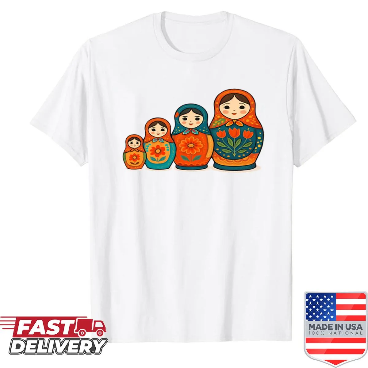 Vintage illustration of matryoshka dolls in a layered design