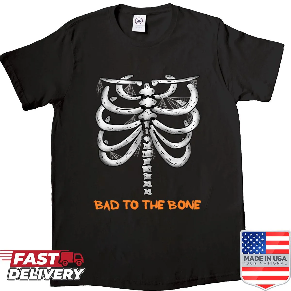 Skeleton graphic with 'Bad To The Bone' text for a tee shirt