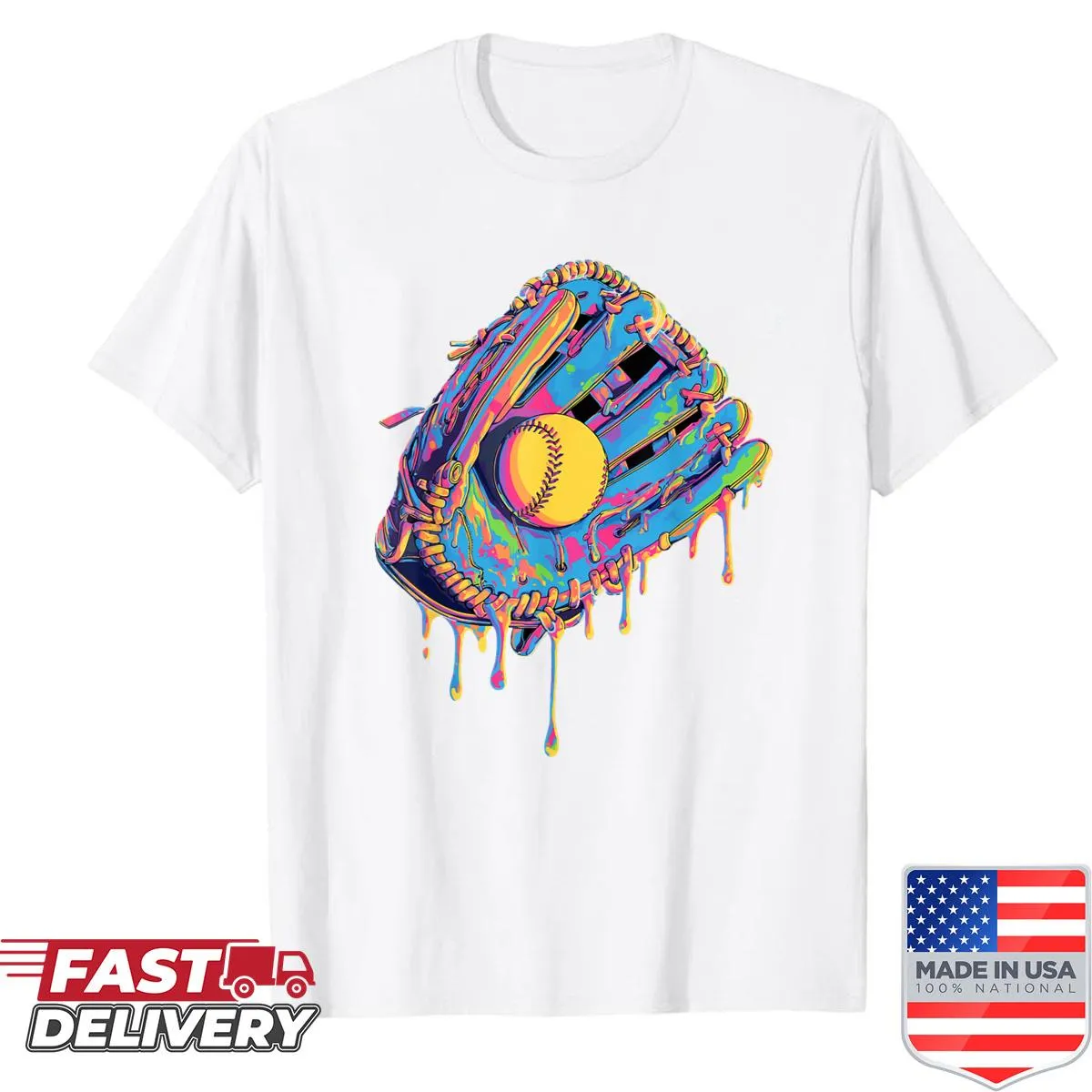 Creative drip art baseball glove and melting ball t-shirt