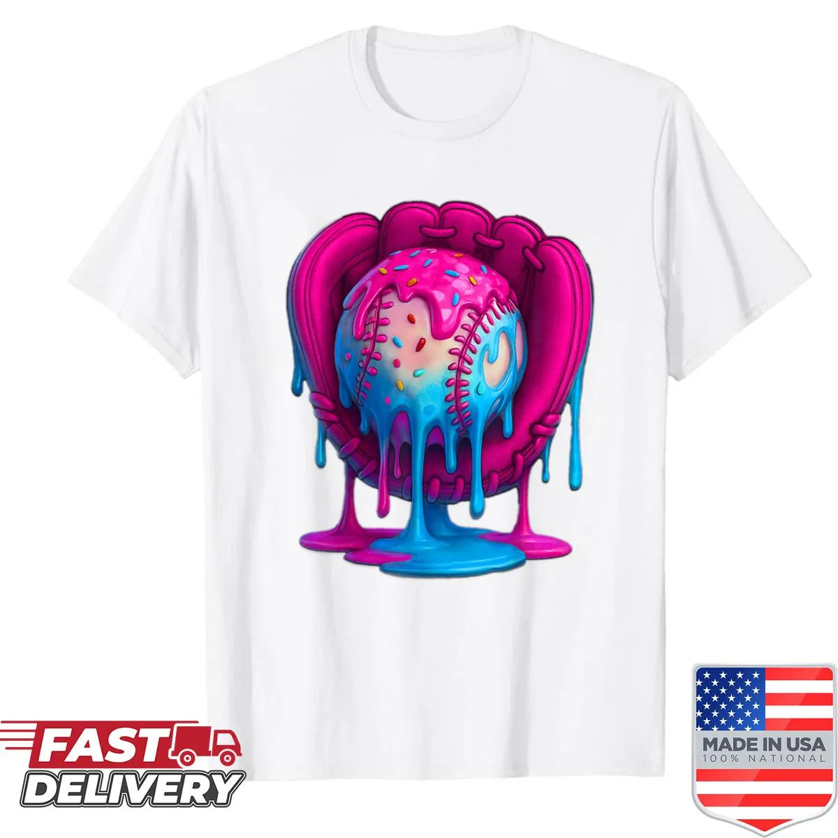 Youth baseball shirt with cartoon ice cream and baseball graphic