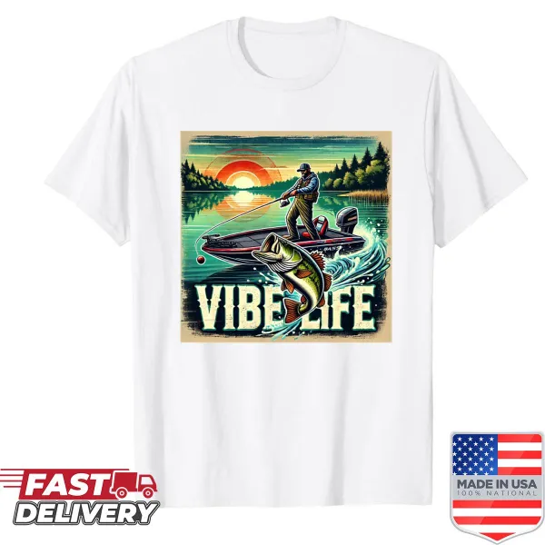 Bass fish jumping in an illustrated design on a fishing T-shirt