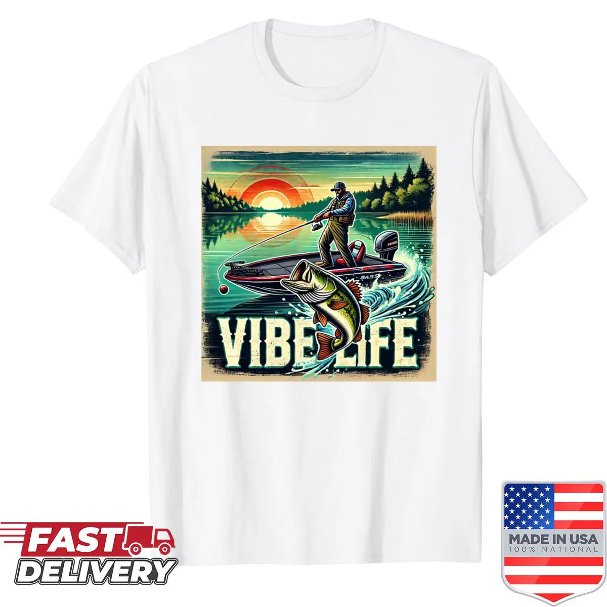 Bass fish jumping in an illustrated design on a fishing T-shirt
