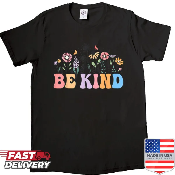Shirt with Be Kind floral quote in boho style