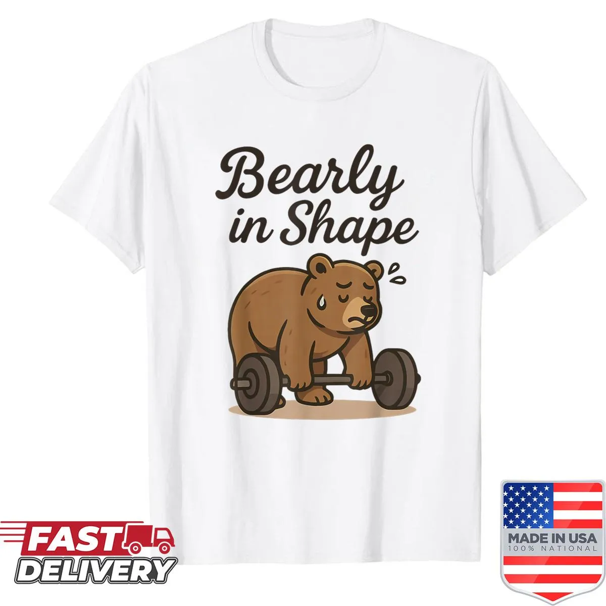 Illustration of a bear lifting weights with 'Bearly Is Shape' text