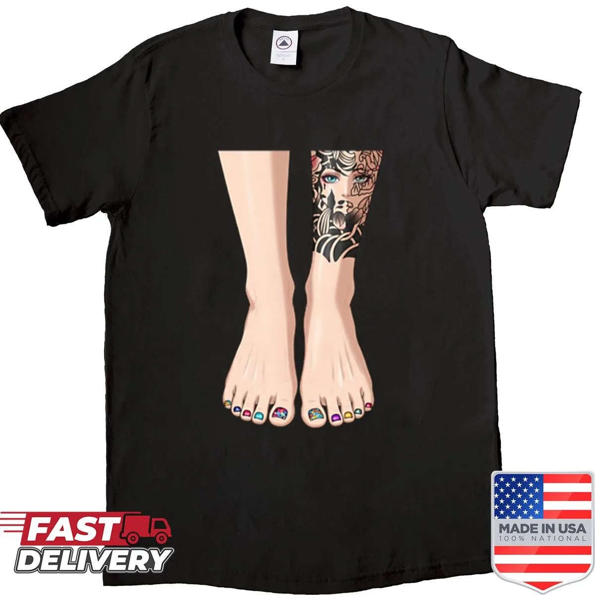 Illustration of beautiful feet with leg tattoos on a shirt