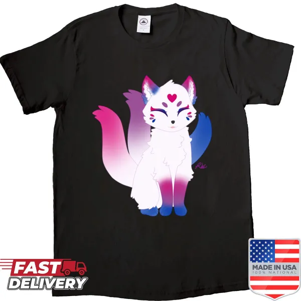Kitsune design T-shirt with bi pride symbols