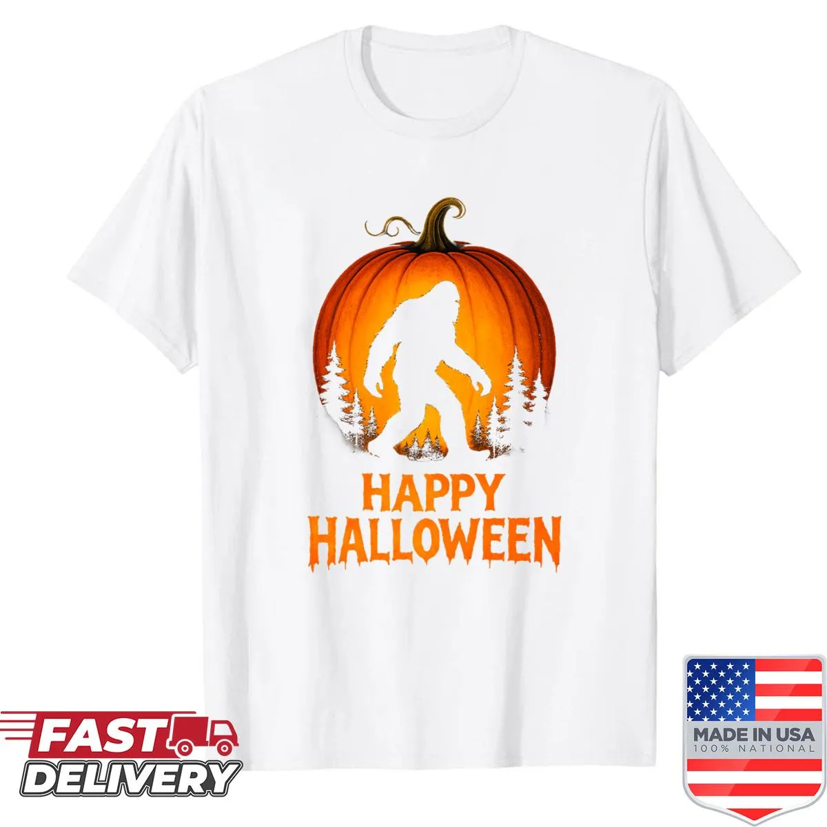 Whimsical Halloween shirt featuring Bigfoot and a pumpkin design