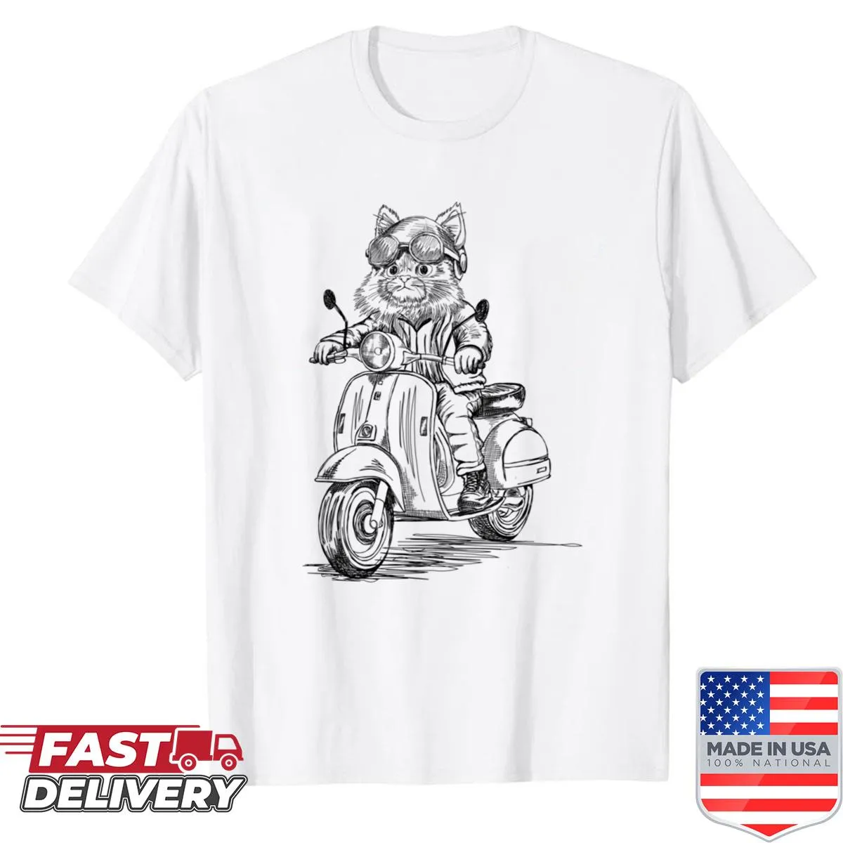Doodle illustration of a biker cat on a motorcycle.