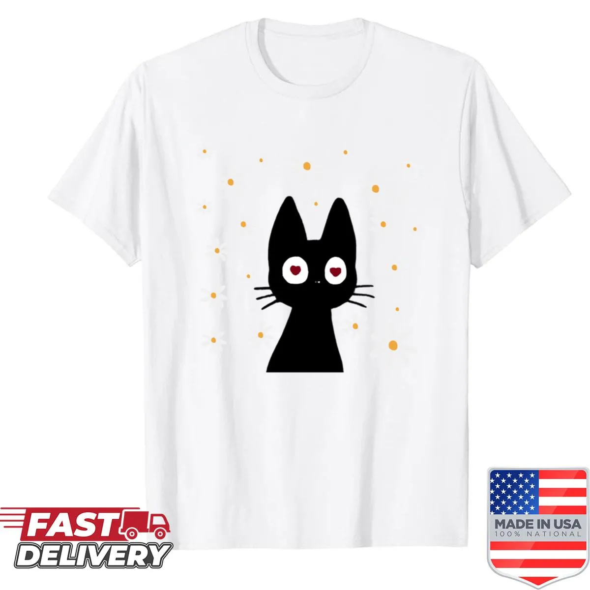 Illustrated black cat with daisies on a T-shirt
