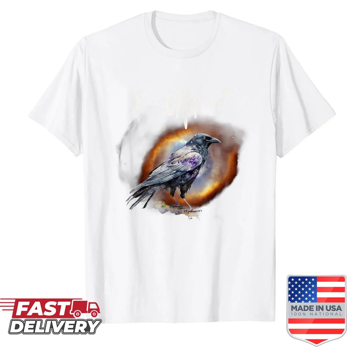 Illustrated black crow with moon and F-caw-f text, gothic theme