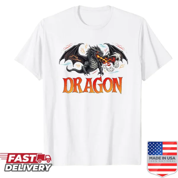 Shirt featuring an illustration of a black winged fire dragon