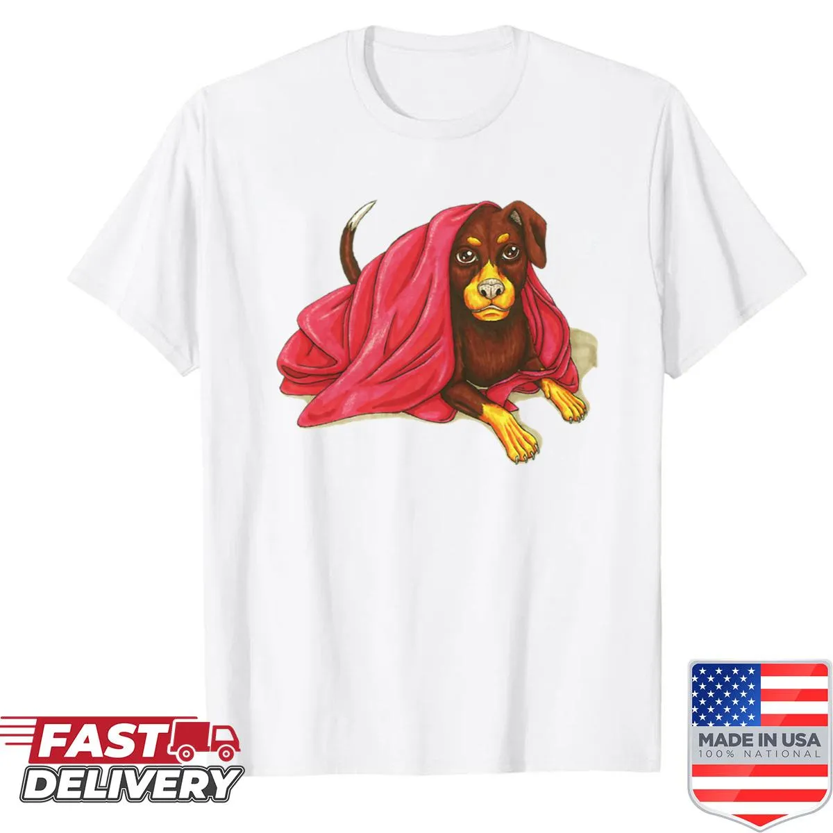 Illustrative dog wrapped in a blanket on a comfortable shirt