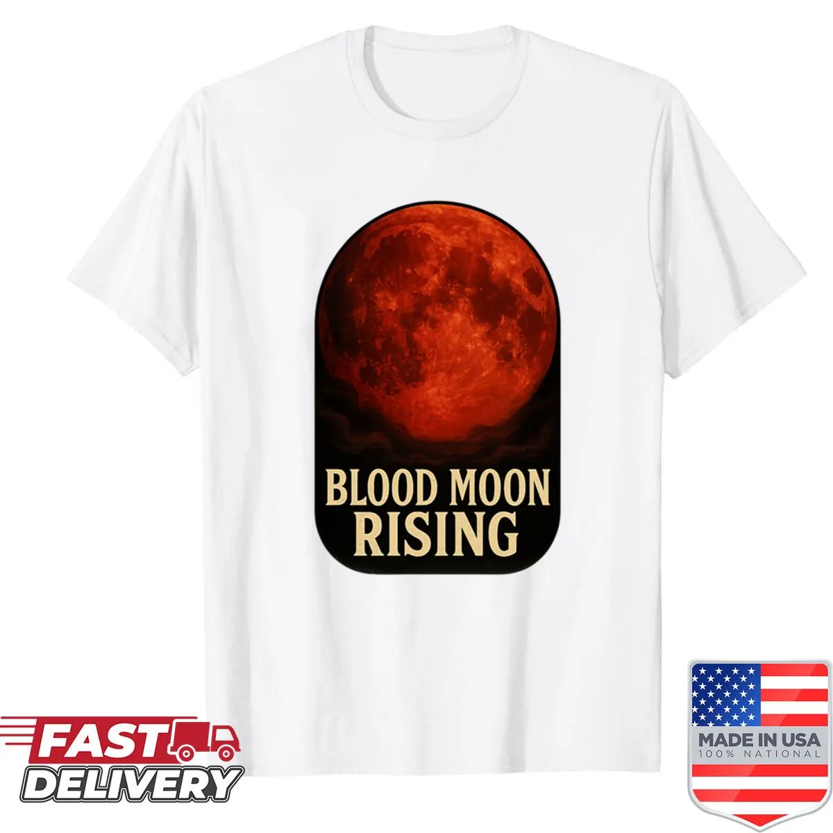 Gothic design featuring a crimson full moon with swirling mist