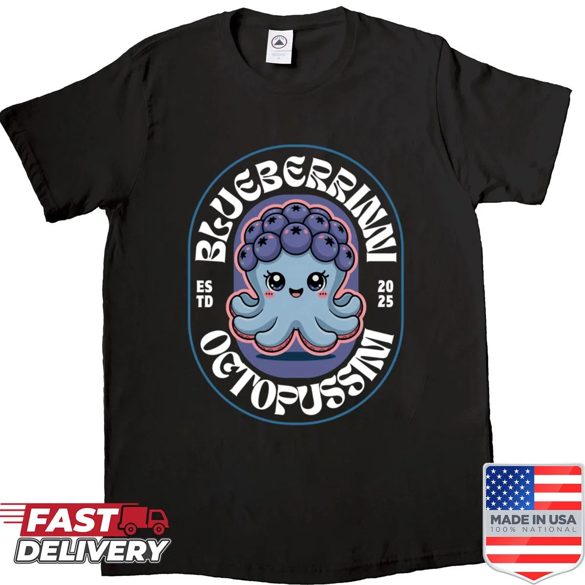 Whimsical cartoon octopus with blueberries illustration on shirt