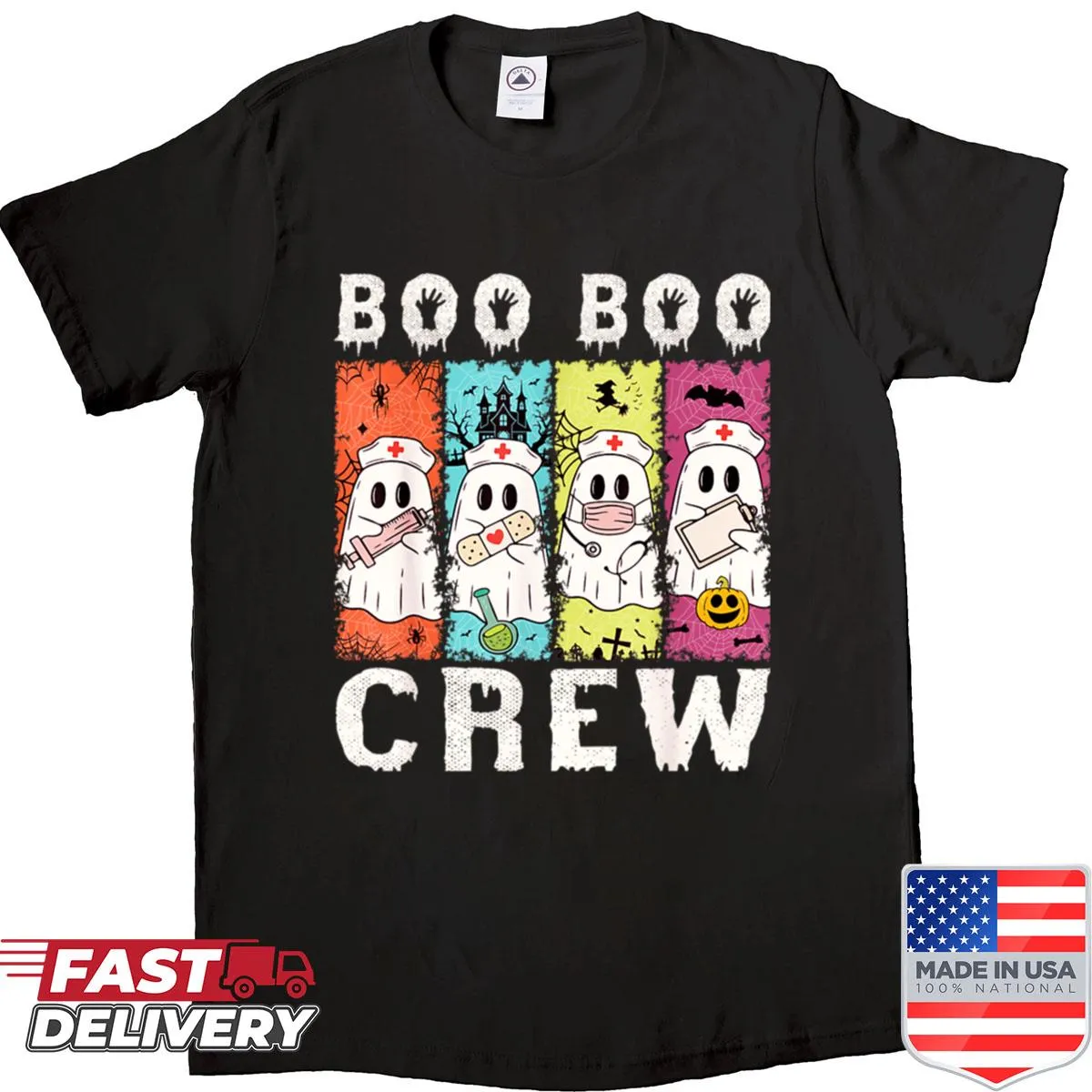 Cute Halloween-themed nurse shirt with ghosts and slogan