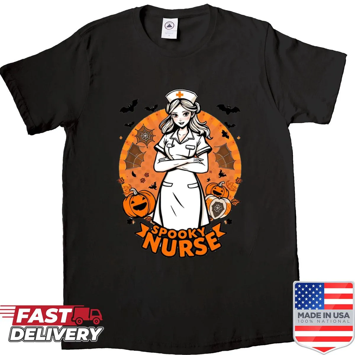 Spooky Halloween shirt for nurses featuring nursing elements