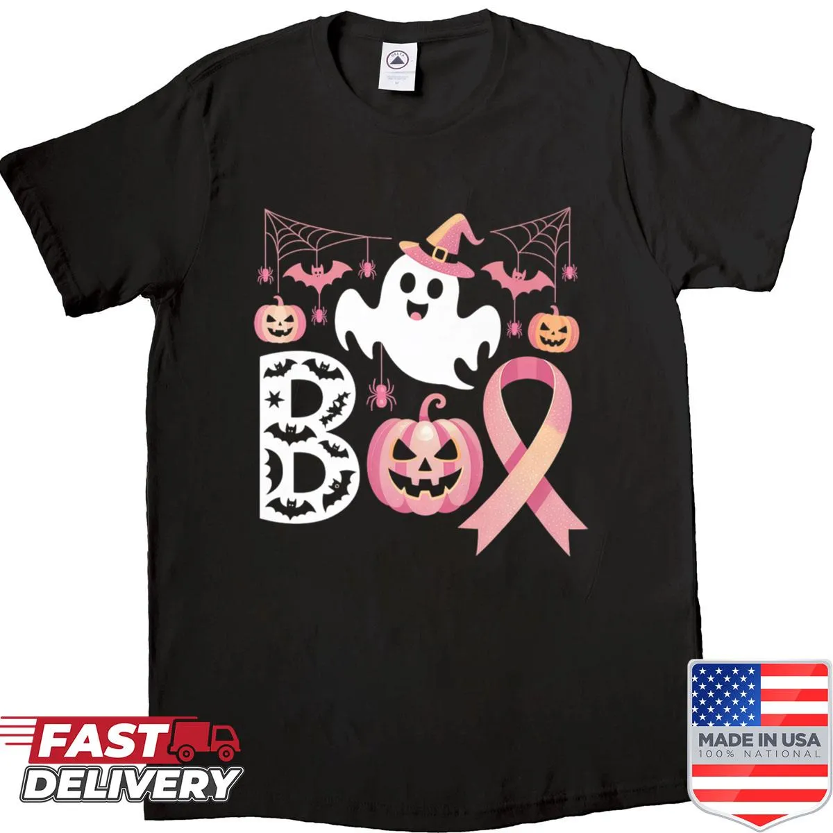 Shirt with ghost and pink ribbon pumpkin design for breast cancer awareness