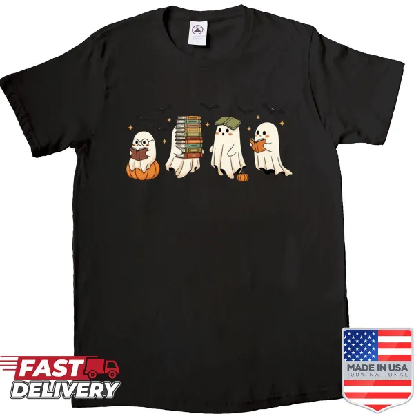 Cartoon ghost design for book lovers on a Halloween t-shirt