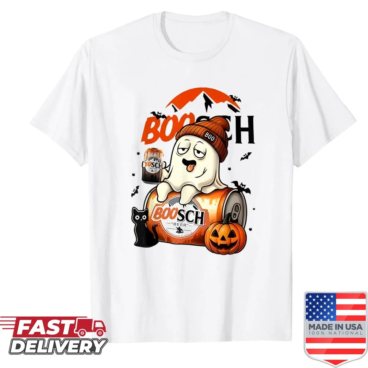 Cute Halloween cat ghost drinking beer with pumpkins t-shirt