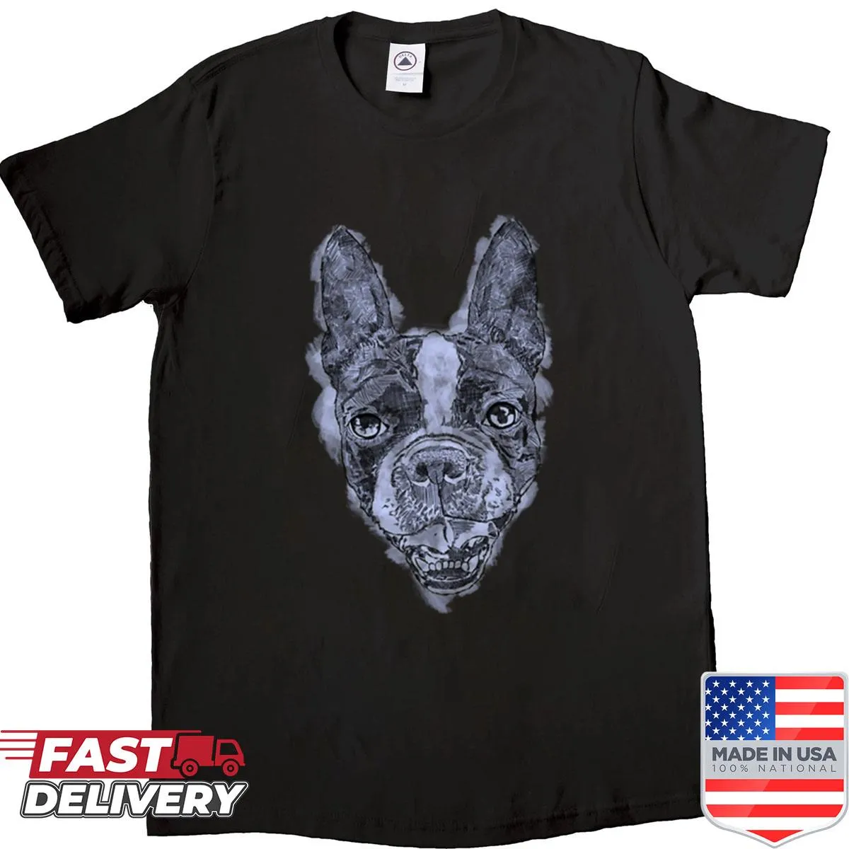 Realistic black-and-white Boston Terrier graphic T-shirt