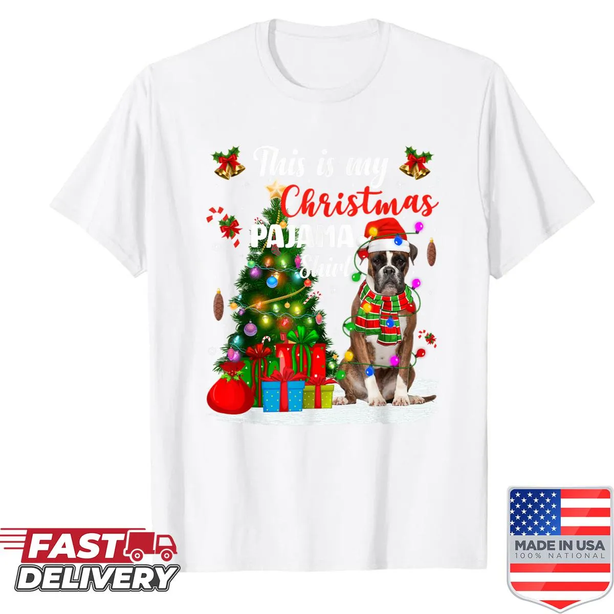 Festive Boxer Dog shirt with Christmas lights illustration