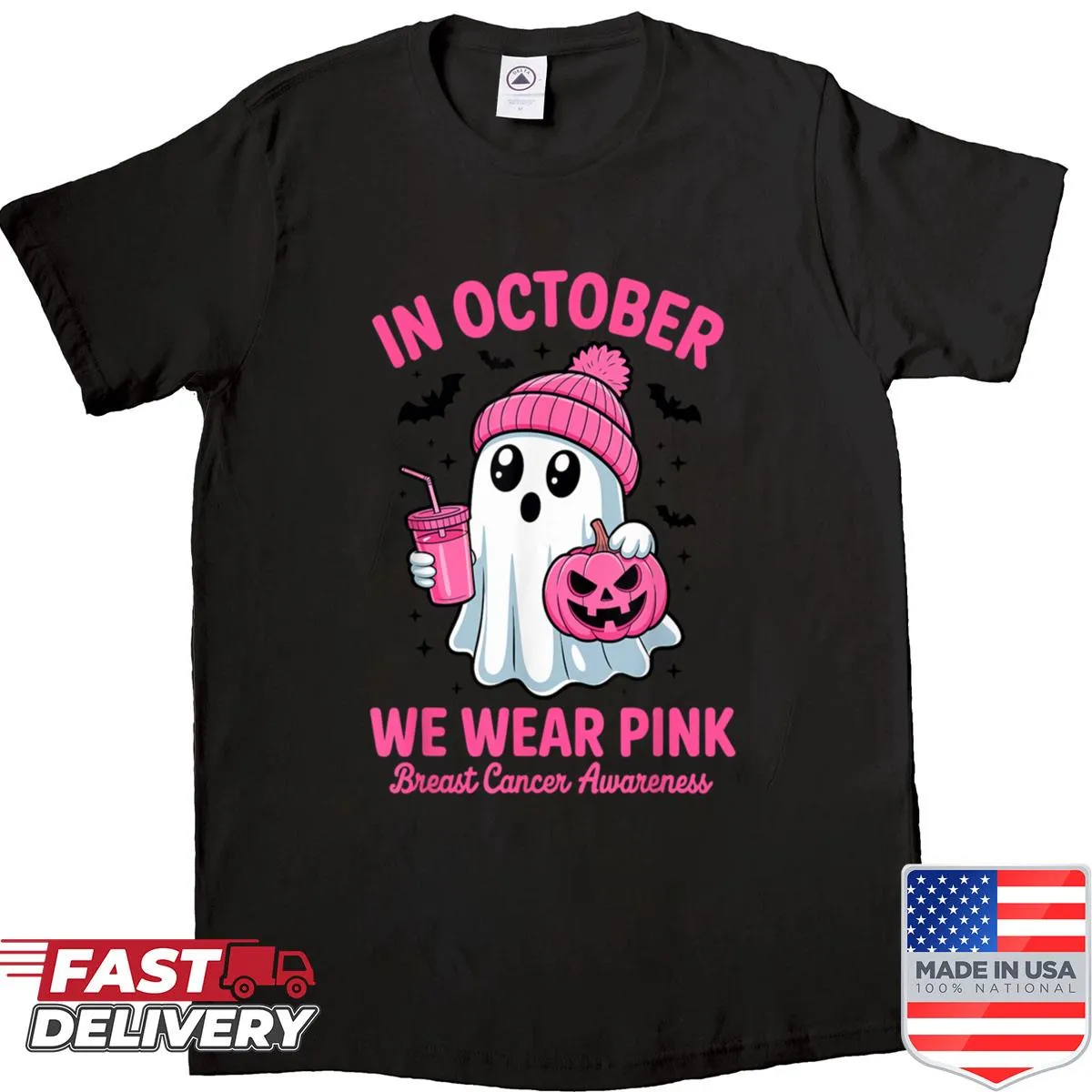 Halloween shirt with ghost and breast cancer awareness message