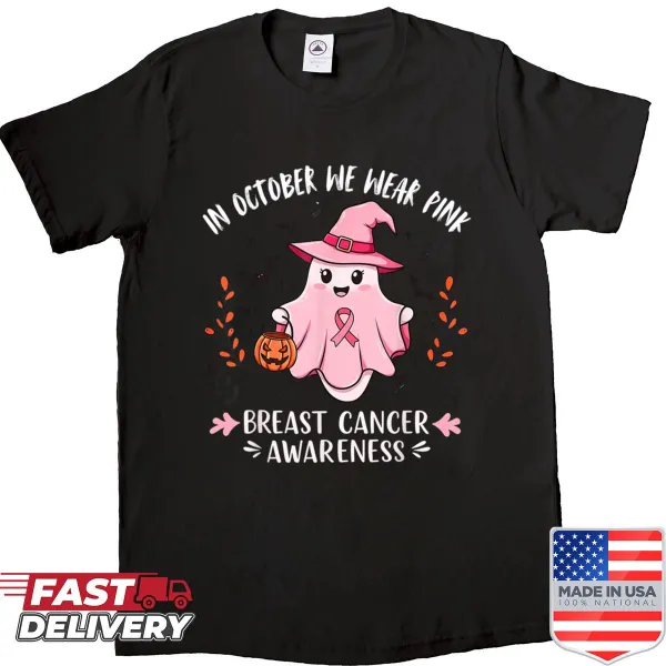 Halloween-themed breast cancer awareness shirt in pink
