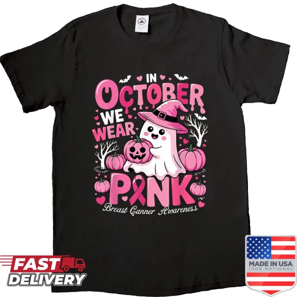 Halloween-themed shirt promoting Breast Cancer Awareness with pink elements