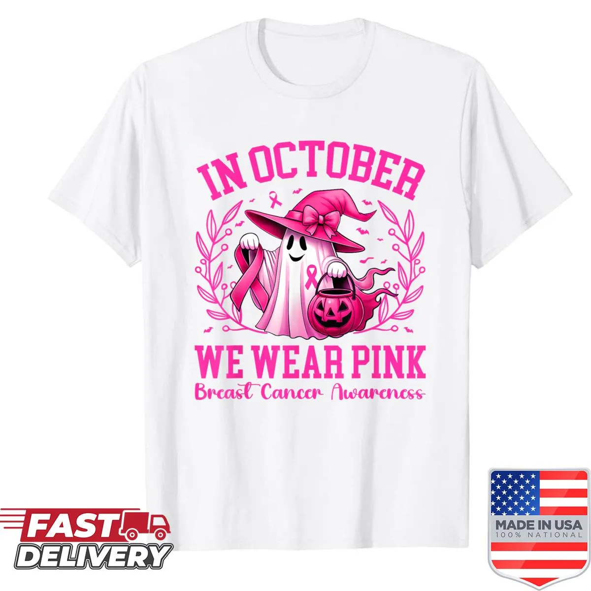 Halloween-themed design with a pink breast cancer ribbon and autumn elements