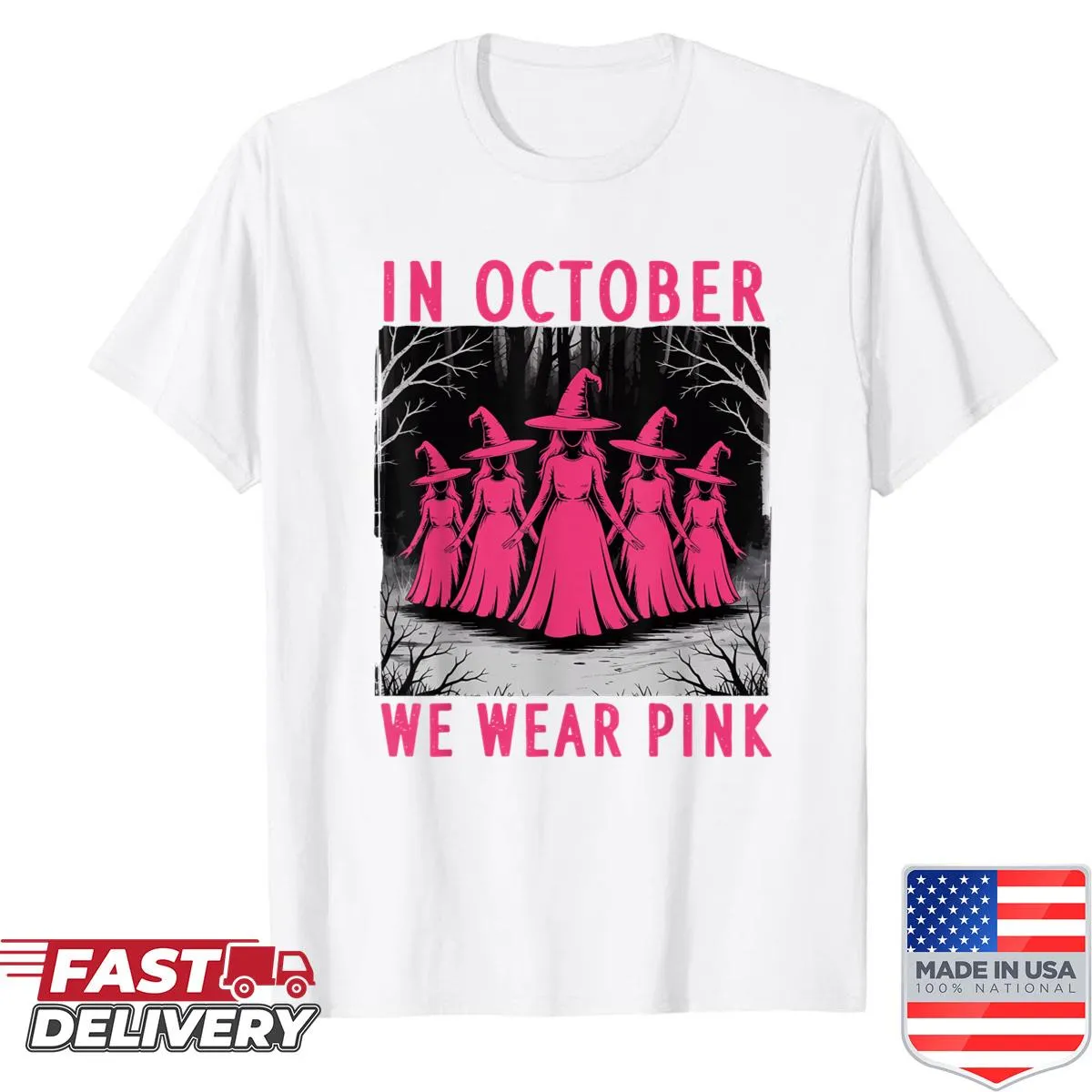 Witch silhouette with pink ribbon for breast cancer awareness on a shirt