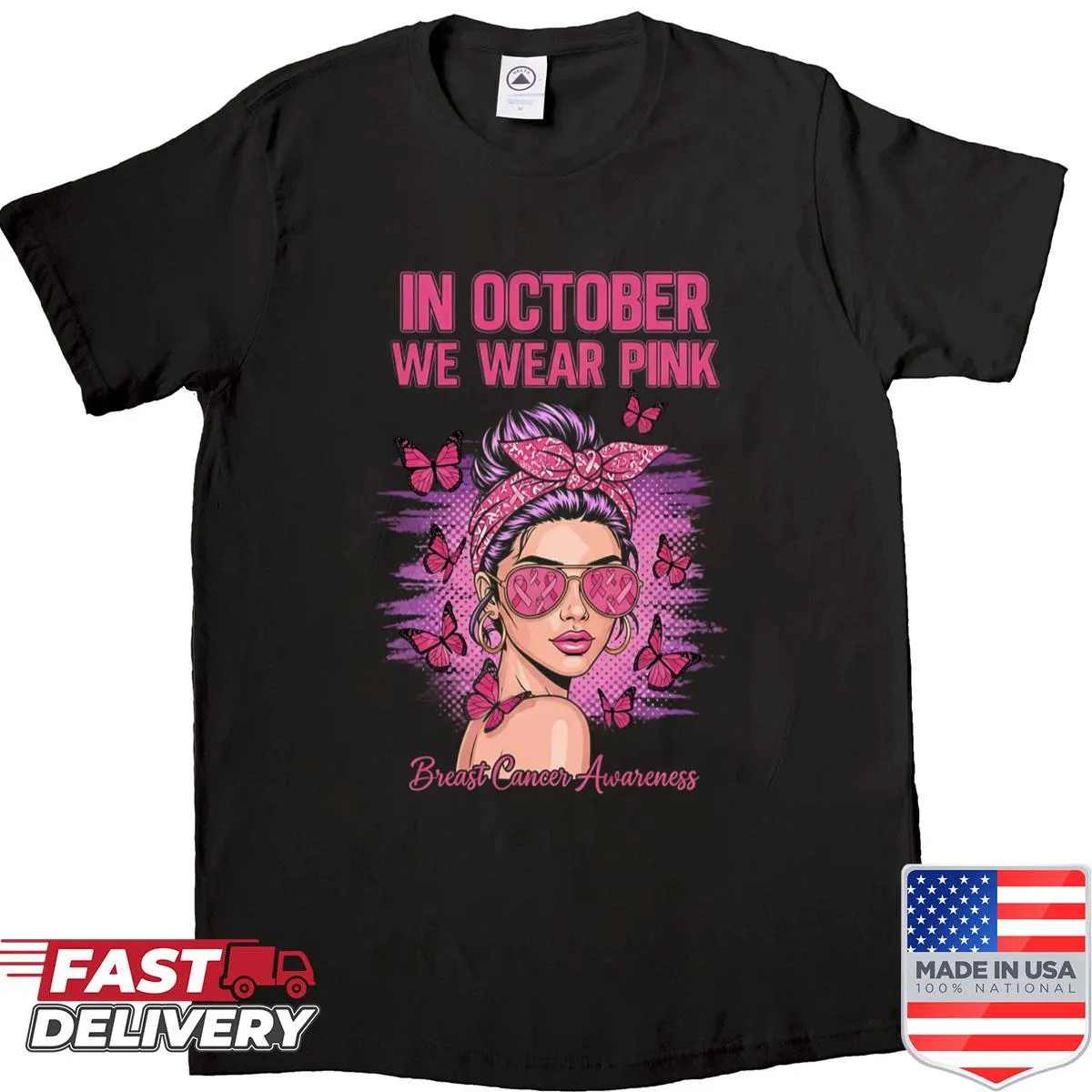 Breast cancer awareness shirt with 'In October We Wear Pink' text