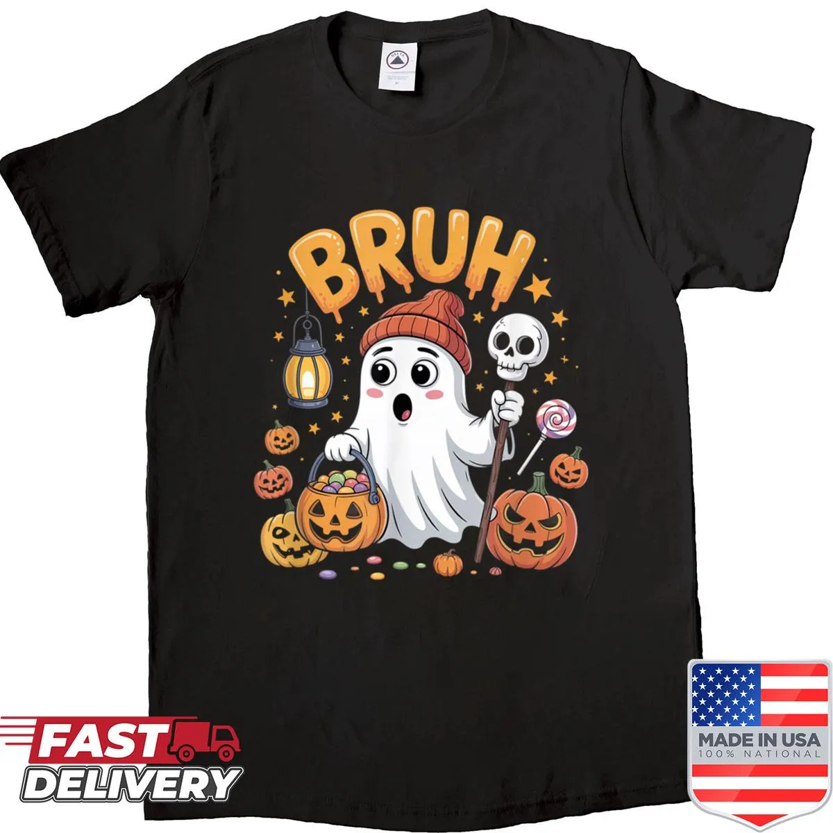 Funny ghost expression with pumpkin lantern design for Halloween