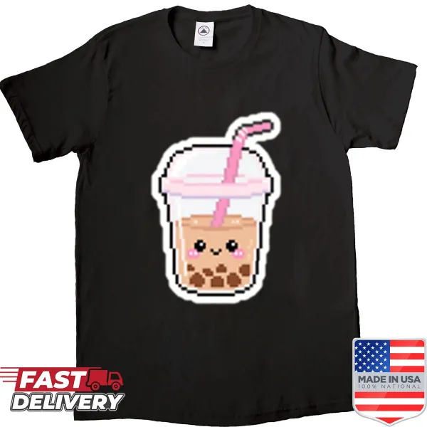 Pixel art graphic of bubble tea on a fun t-shirt