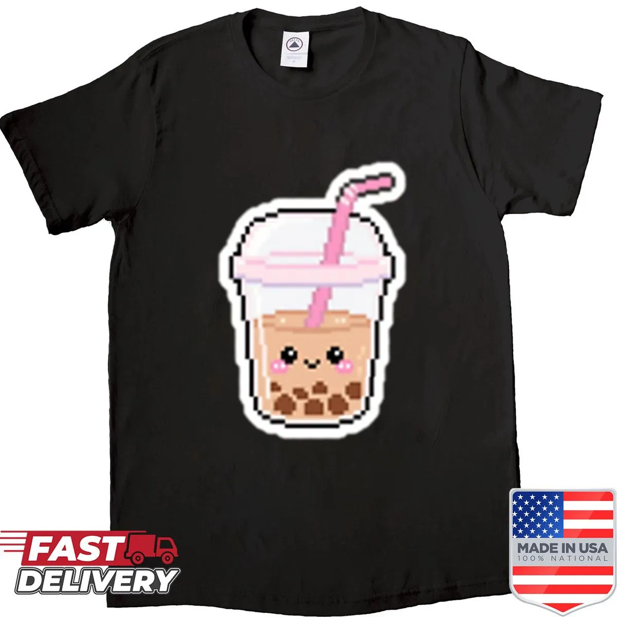 Pixel art graphic of bubble tea on a fun t-shirt
