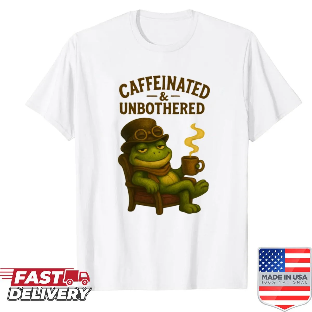Quirky frog illustration celebrating caffeine