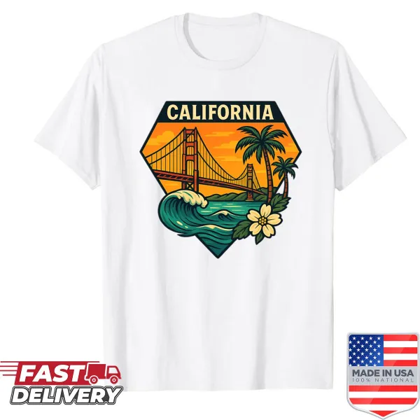 California shirt featuring artistic design of Golden Gate Bridge and coast