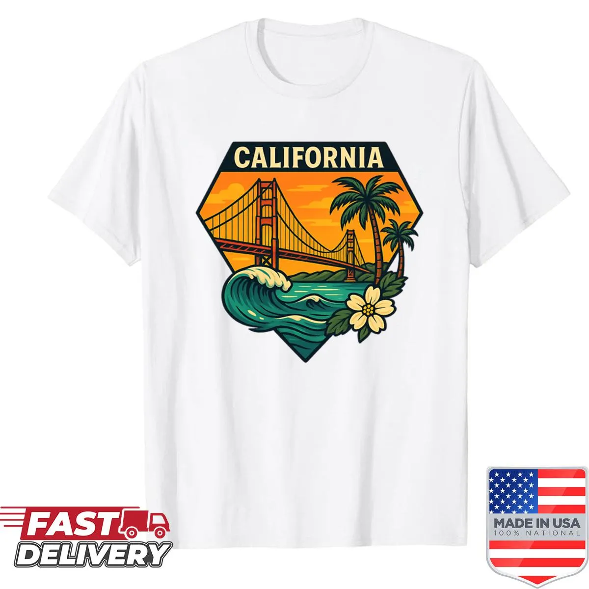 California shirt featuring artistic design of Golden Gate Bridge and coast