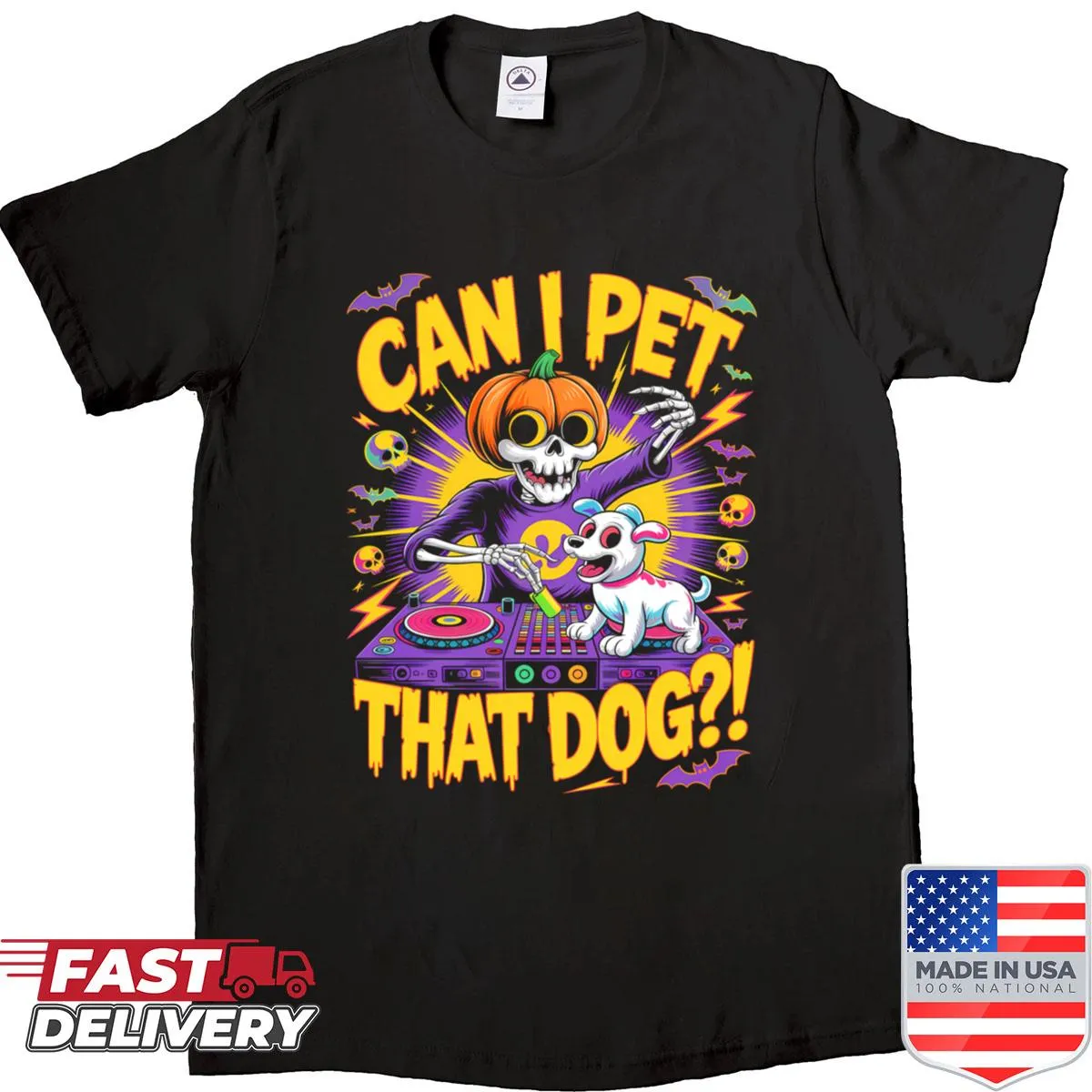 Funny Halloween shirt with DJ skeleton and dog design