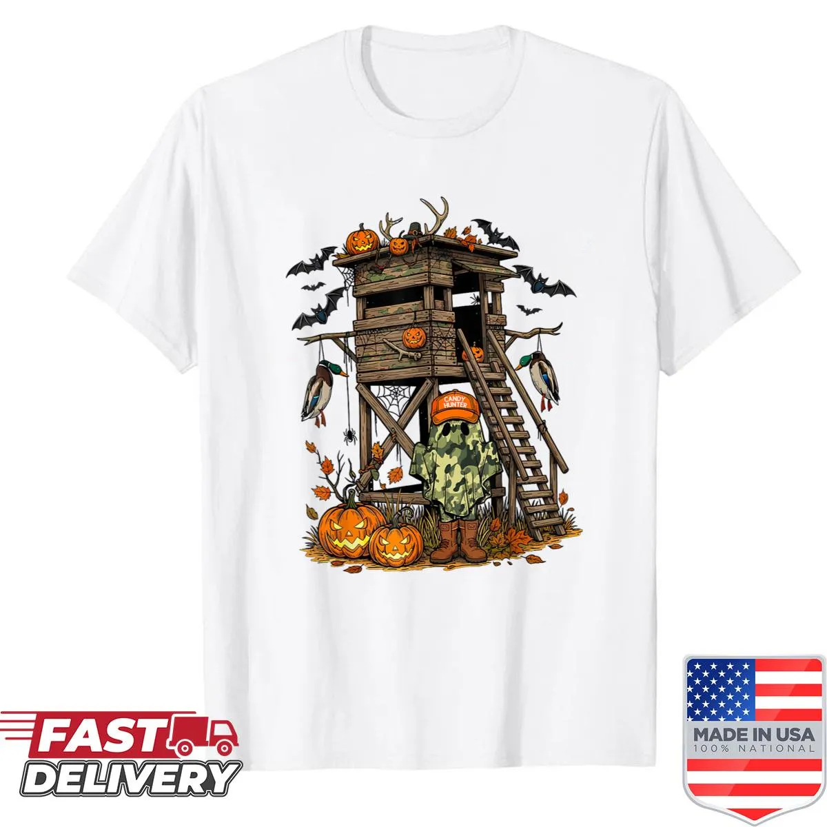 Halloween hunting shirt with camo and cartoon ghosts for boys