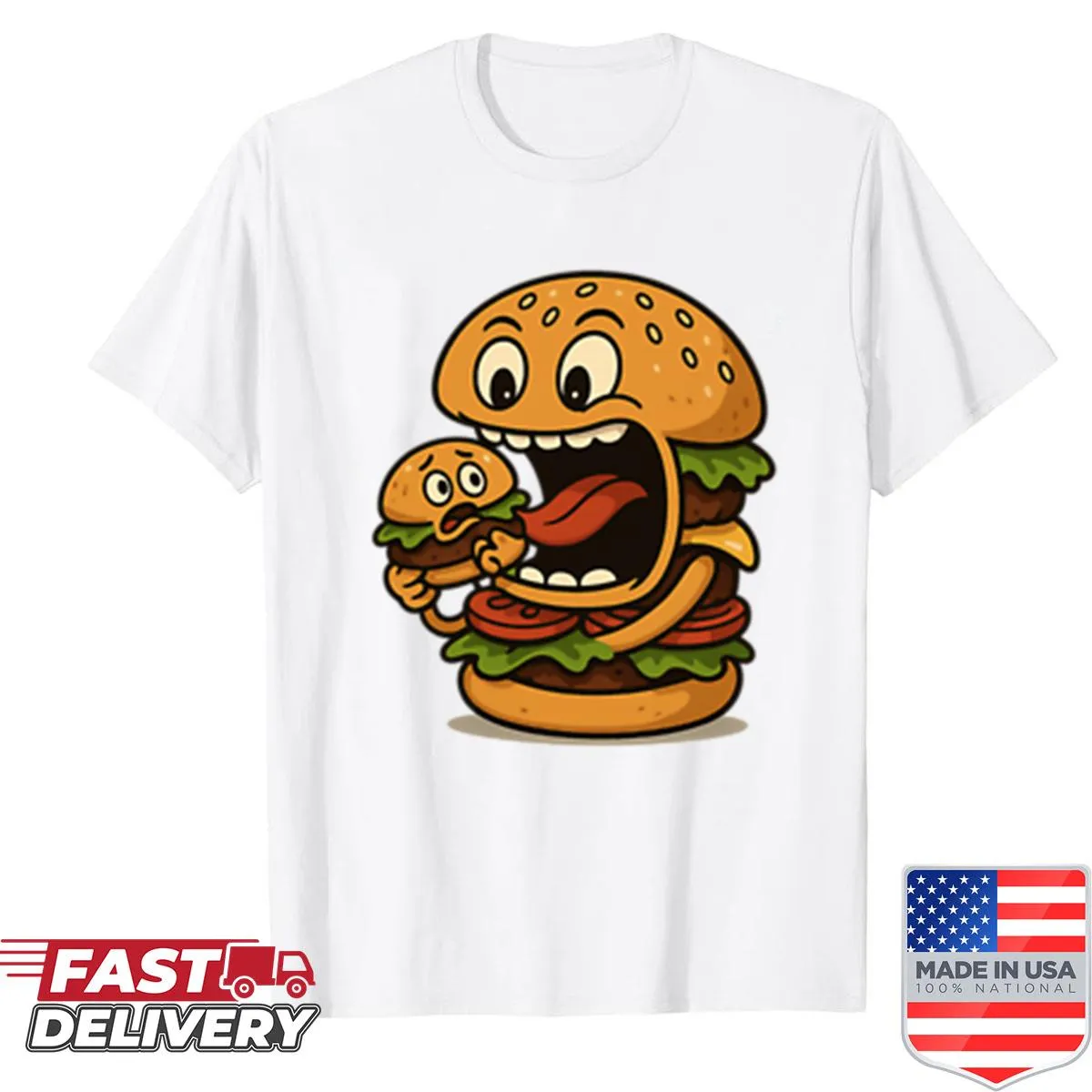 Cute cartoon burger character looking hungry in a quirky design