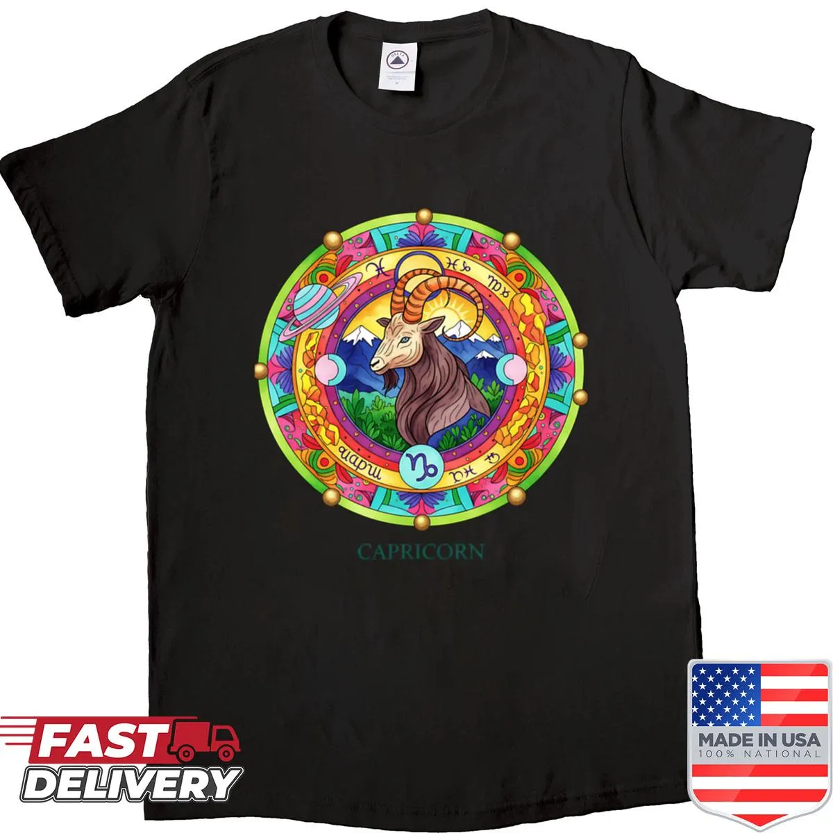 Capricorn zodiac mandala design on an astrology-themed shirt