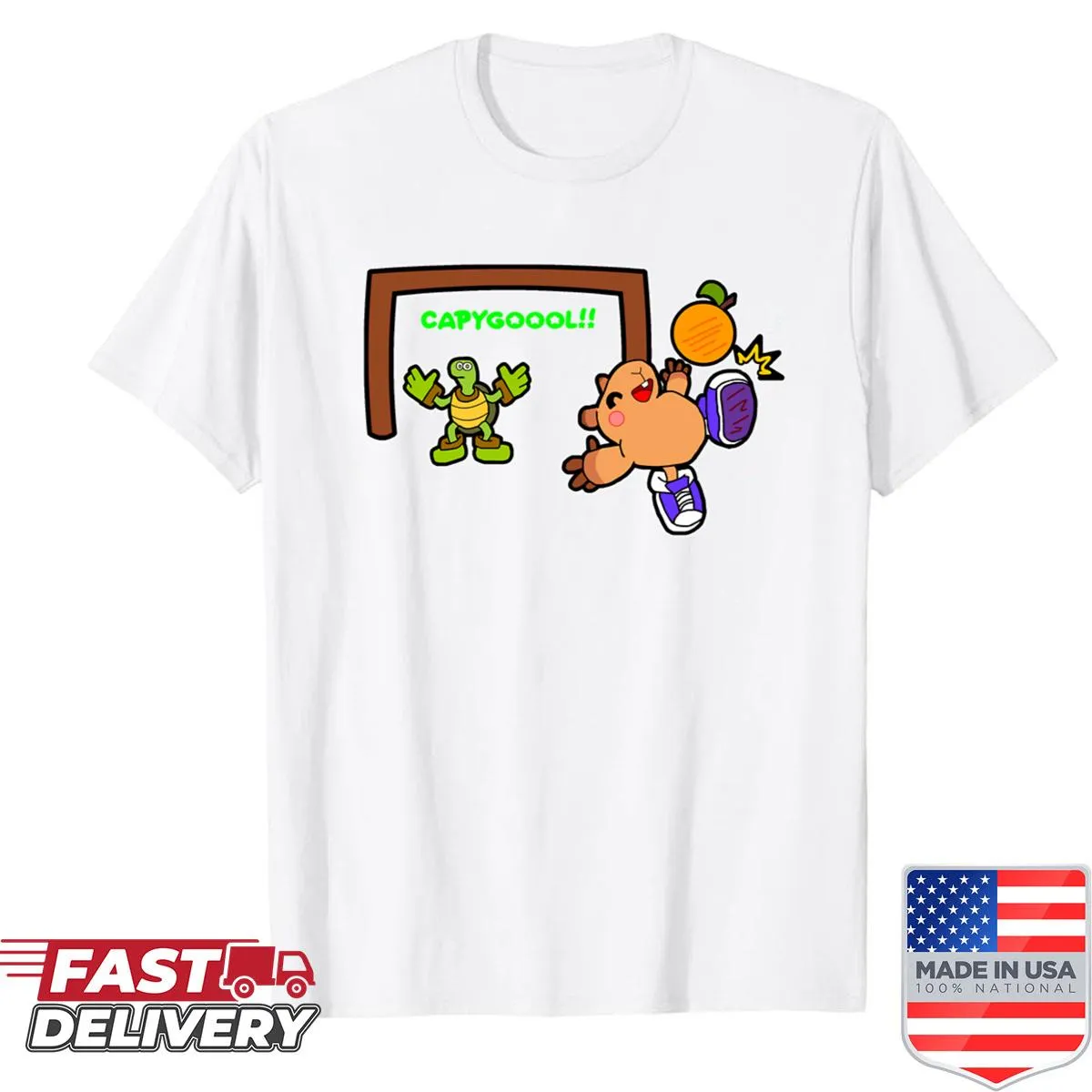 Capybara playing soccer graphic on a fun shirt