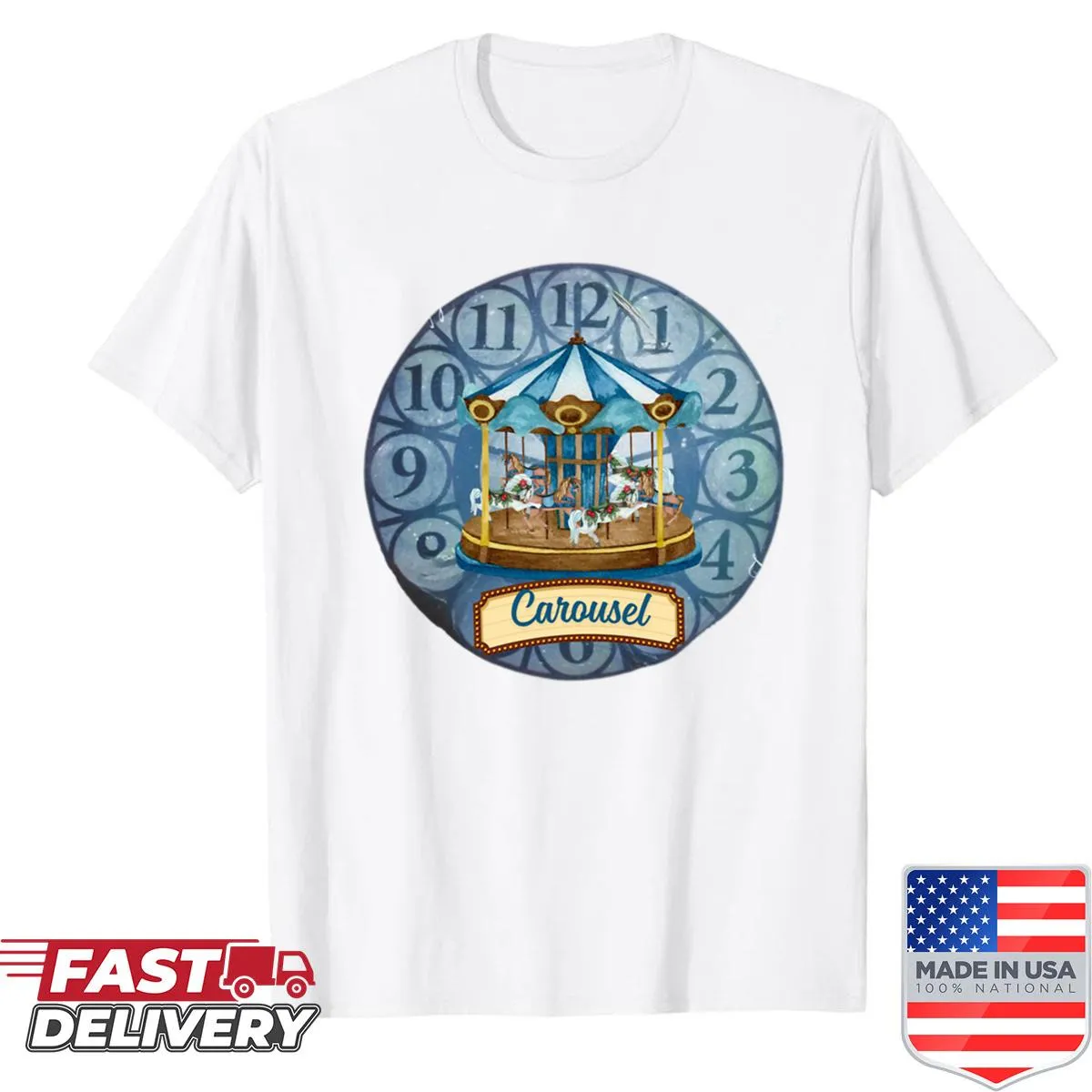 Whimsical shirt featuring a carousel design reflecting themes of time
