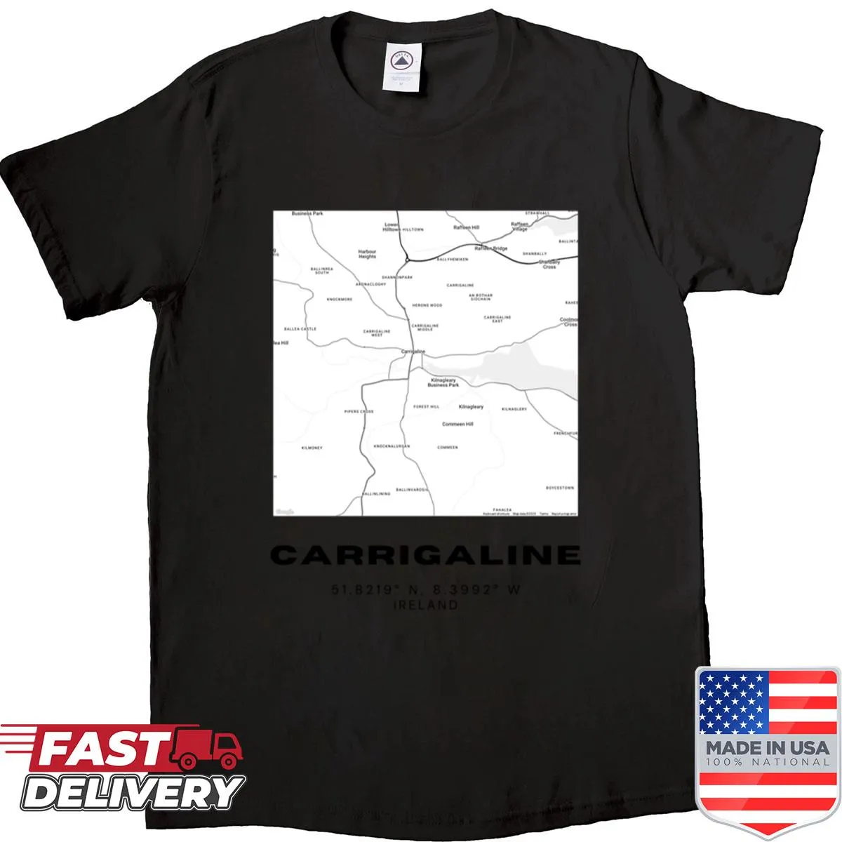 Minimalist silhouette map of Carrigaline, Ireland on shirt